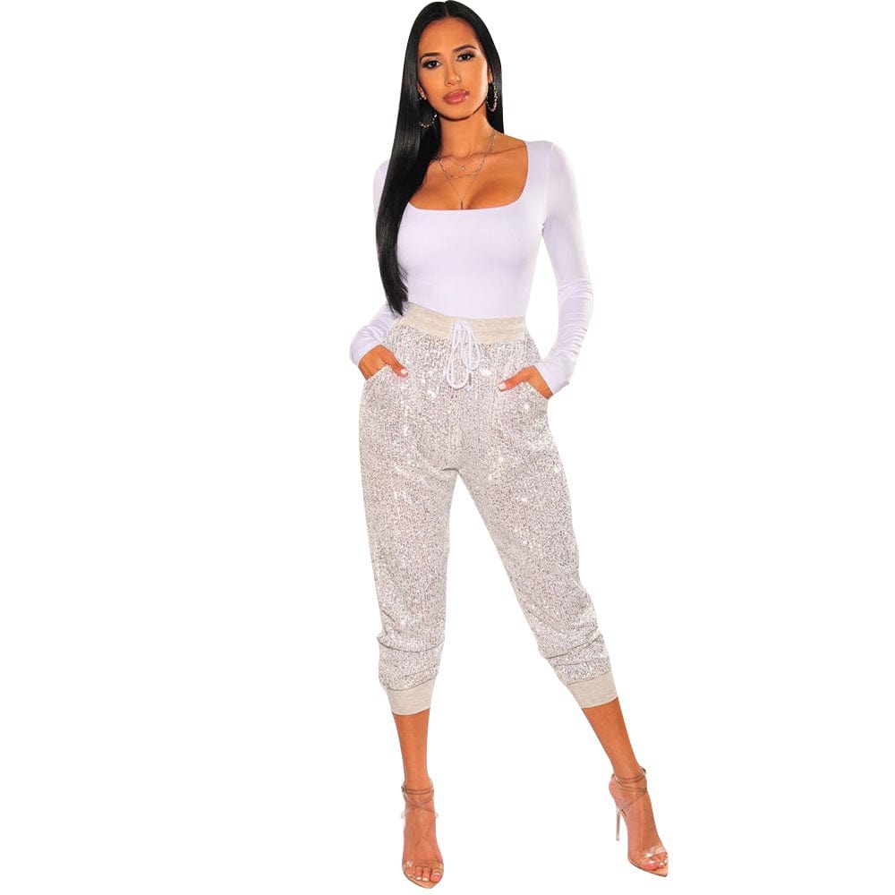 eszy2find dress sets OS6606 White / S Women's Nightclub Casual Sequin Pants Cropped Pants