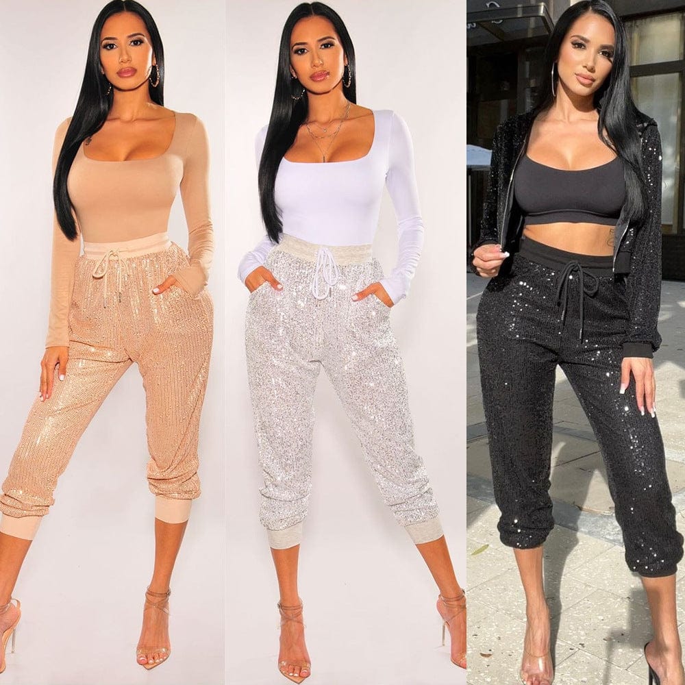 eszy2find dress sets Women's Nightclub Casual Sequin Pants Cropped Pants