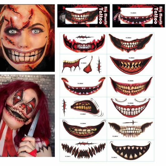 eszy2find face stickers helloween 12pcs set New Product Halloween Mouth Tattoo Sticker Scary Lip DIY Decoration