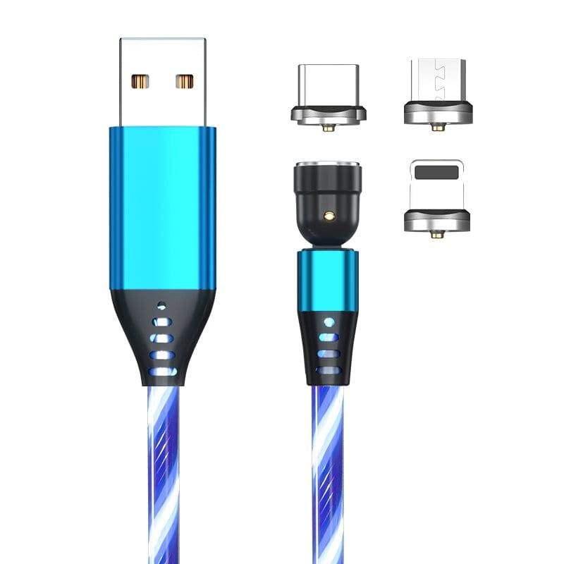 eszy2find fast loader cable Blue / With 3pcs head / 1M 540 Rotate Luminous Magnetic Cable 3A Fast Charging Mobile Phone Charge Cable For LED Micro USB Type C For I Phone Cable