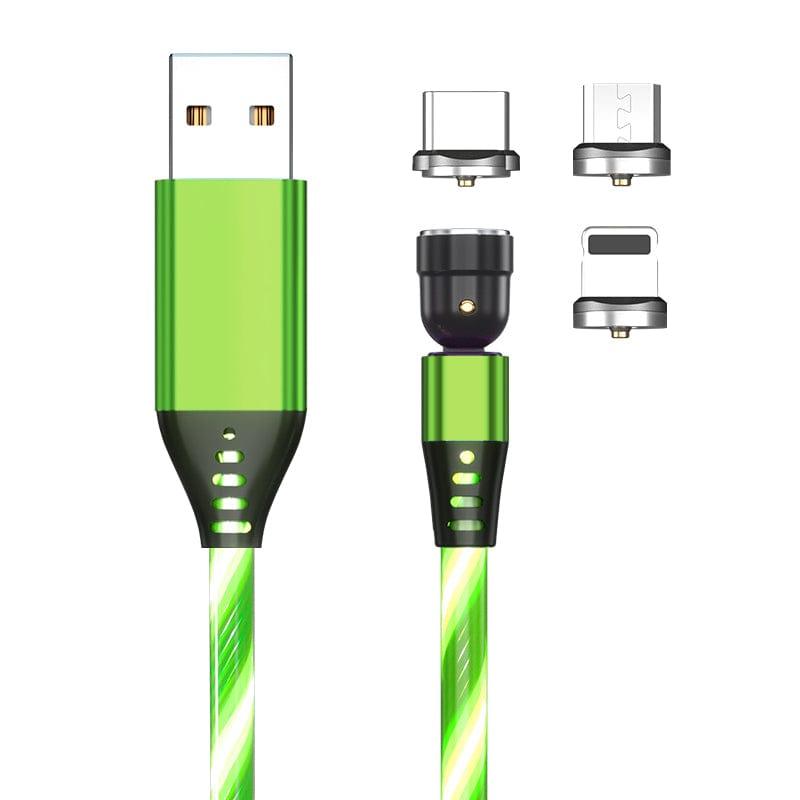 eszy2find fast loader cable Green / With 3pcs head / 2M 540 Rotate Luminous Magnetic Cable 3A Fast Charging Mobile Phone Charge Cable For LED Micro USB Type C For I Phone Cable