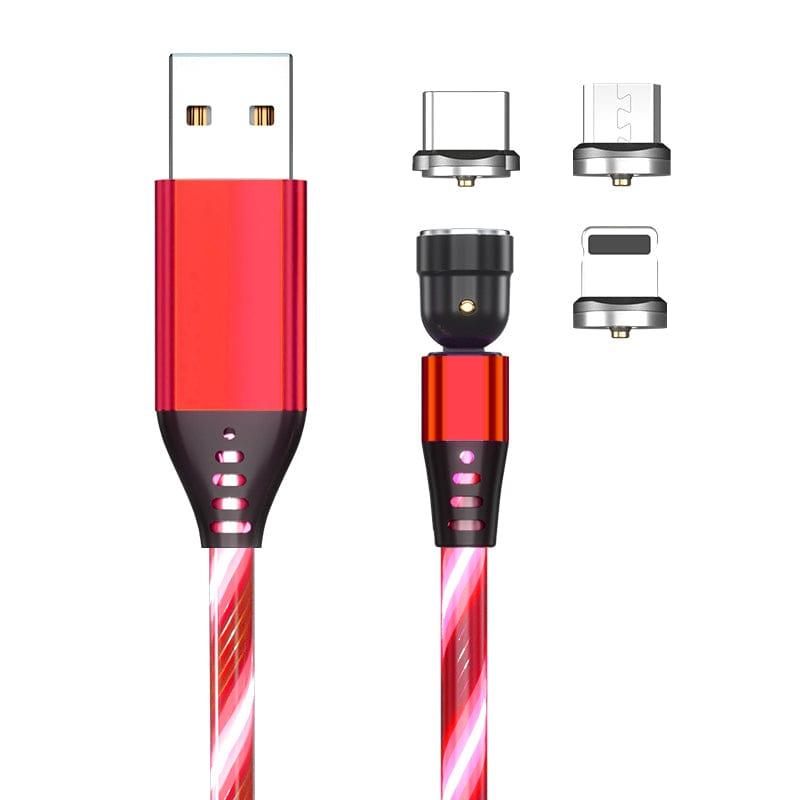eszy2find fast loader cable Red / With 3pcs head / 2M 540 Rotate Luminous Magnetic Cable 3A Fast Charging Mobile Phone Charge Cable For LED Micro USB Type C For I Phone Cable