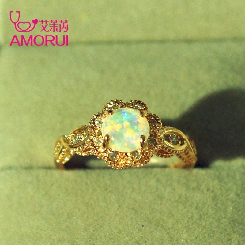 ezy2find 0 AMORUI Vintage Australian Crystal Flower Ring Female Anniversary Gift Jewelry Fashion Golden Opal Engagement / Wedding Rings