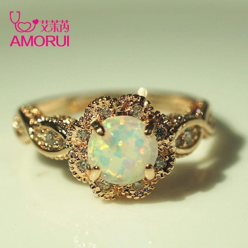 ezy2find 0 AMORUI Vintage Australian Crystal Flower Ring Female Anniversary Gift Jewelry Fashion Golden Opal Engagement / Wedding Rings