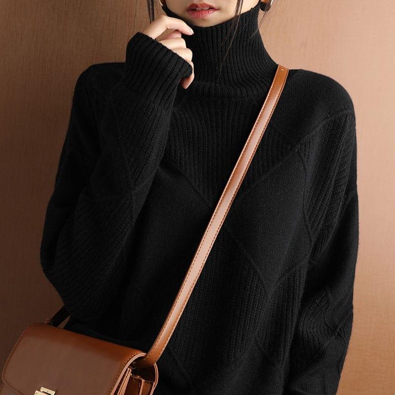 ezy2find 0 Black / S / China Cashmere sweater women turtleneck sweater pure color knitted turtleneck pullover 100% pure wool loose large size sweater women