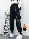 ezy2find 0 Black with velvet / S Women Cargo Pants 2021 Harem Pants Fashion Punk Pockets Jogger Trousers With Chain Harajuku Elastics High Waist Streetwear