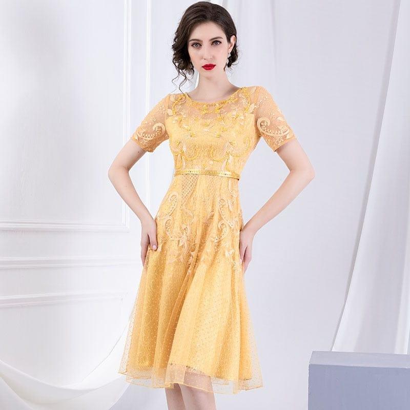 ezy2find 0 Blue / S Early autumn new style round collar slim mesh yarn dress short sleeve high waist Embroidered Beaded A-shaped dresses