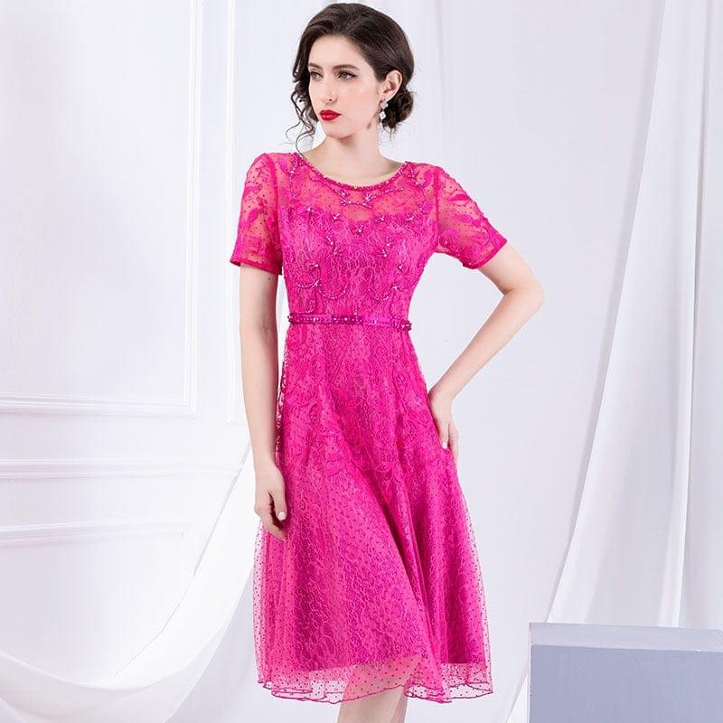 ezy2find 0 Early autumn new style round collar slim mesh yarn dress short sleeve high waist Embroidered Beaded A-shaped dresses