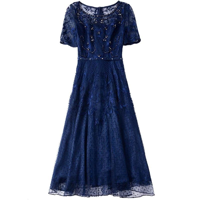 ezy2find 0 Early autumn new style round collar slim mesh yarn dress short sleeve high waist Embroidered Beaded A-shaped dresses