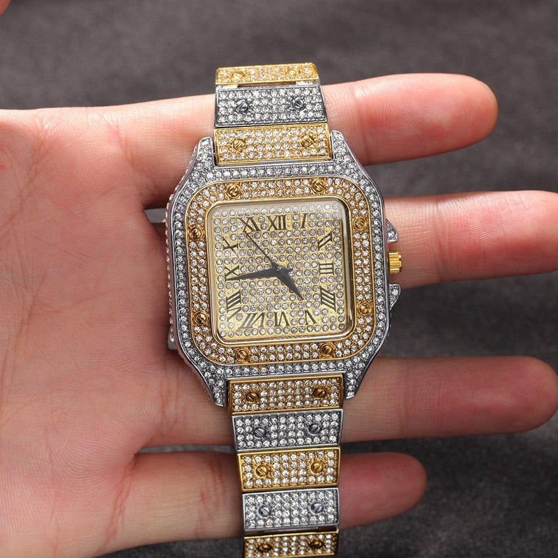 ezy2find 0 Hip Hop Full Iced Out Full Drill Men Square Watches Stainless Steel Fashion Luxury Rhinestones Quartz Square Business Watch
