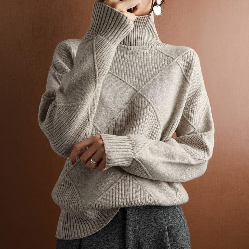 ezy2find 0 Khaki / S / China Cashmere sweater women turtleneck sweater pure color knitted turtleneck pullover 100% pure wool loose large size sweater women