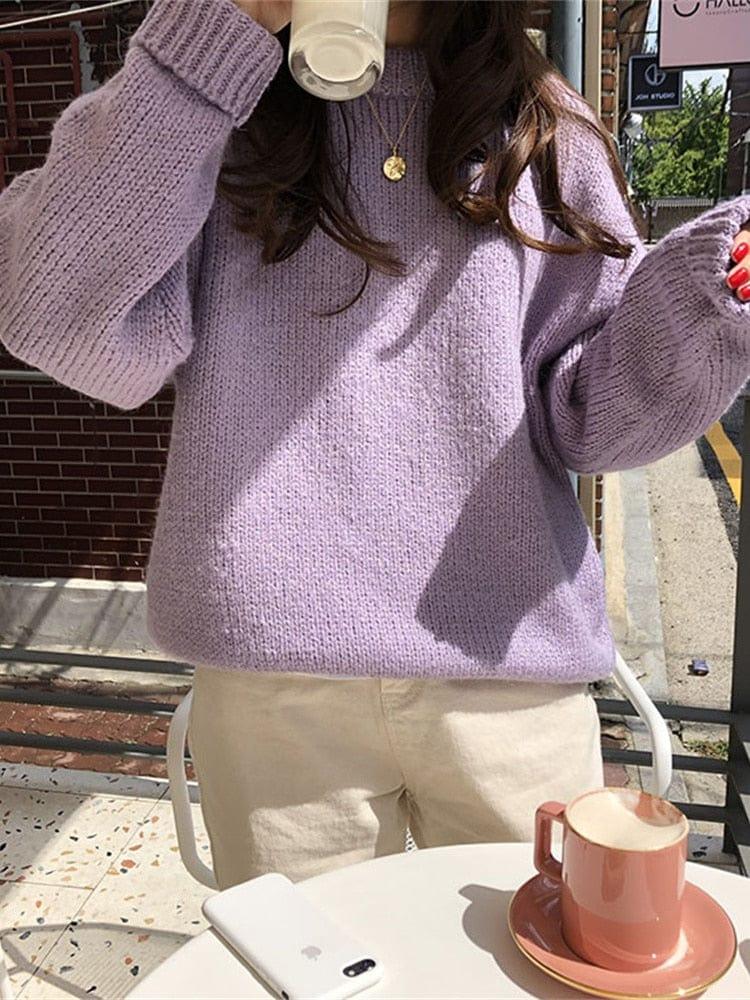ezy2find 0 Light Purple / One Size 10 Colors Pink Women Sweater Womens Winter Sweaters Pullover Female Knitting Overszie Long Sleeve Loose Knitted Outerwear White