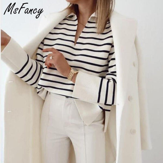 ezy2find 0 Msfancy Knitted Pullover Women Vintage Black and White Plaid Long Sleeve Sweater 2022 Mujer Chic V-neck Casual Knitted Tops