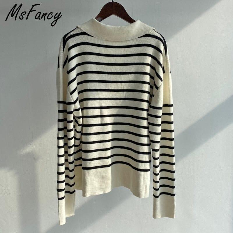 ezy2find 0 Msfancy Knitted Pullover Women Vintage Black and White Plaid Long Sleeve Sweater 2022 Mujer Chic V-neck Casual Knitted Tops