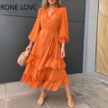 ezy2find 0 Orange / S Women Ruffles Frill Hem Lantern Sleeve Button Front Dress Casual Dress Summer Dress