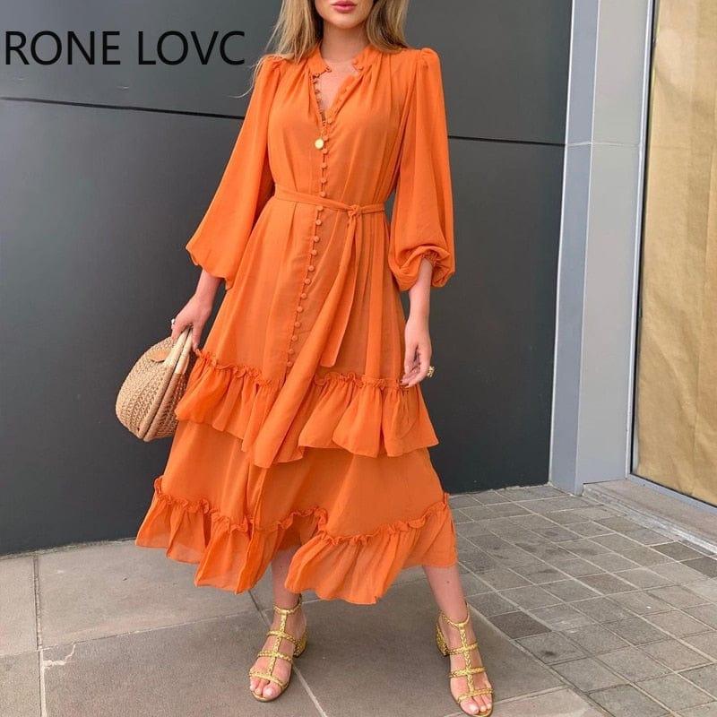 ezy2find 0 Orange / S Women Ruffles Frill Hem Lantern Sleeve Button Front Dress Casual Dress Summer Dress