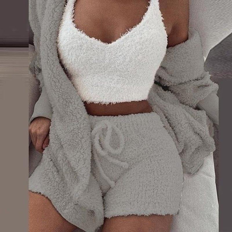 ezy2find 0 Winter Autumn Three Piece Sexy Fluffy Outfits Plush Velvet Hooded Cardigan Coat+Shorts+Crop Top Women Tracksuit Set Women Outfit
