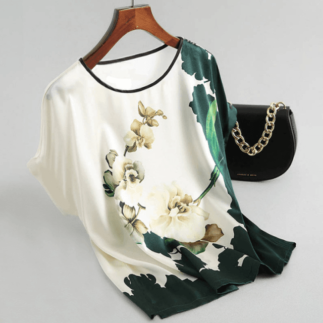 ezy2find 1 / 4XL Fashion Floral Print Blouse Pullover Ladies Silk Satin Blouses Plus Size Batwing Sleeve Vintage Print Casual Short Sleeve Tops