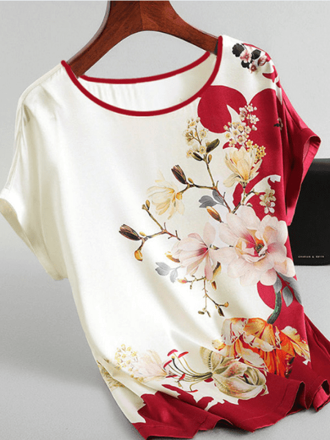 ezy2find 2 / M Fashion Floral Print Blouse Pullover Ladies Silk Satin Blouses Plus Size Batwing Sleeve Vintage Print Casual Short Sleeve Tops