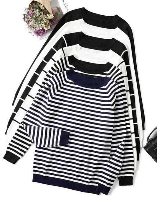 ezy2find 2022 Autumn Winter Long Sleeve Striped Pullover Women Sweater Knitted Sweaters O-Neck Tops Korean Pull Femme Jumper Female White