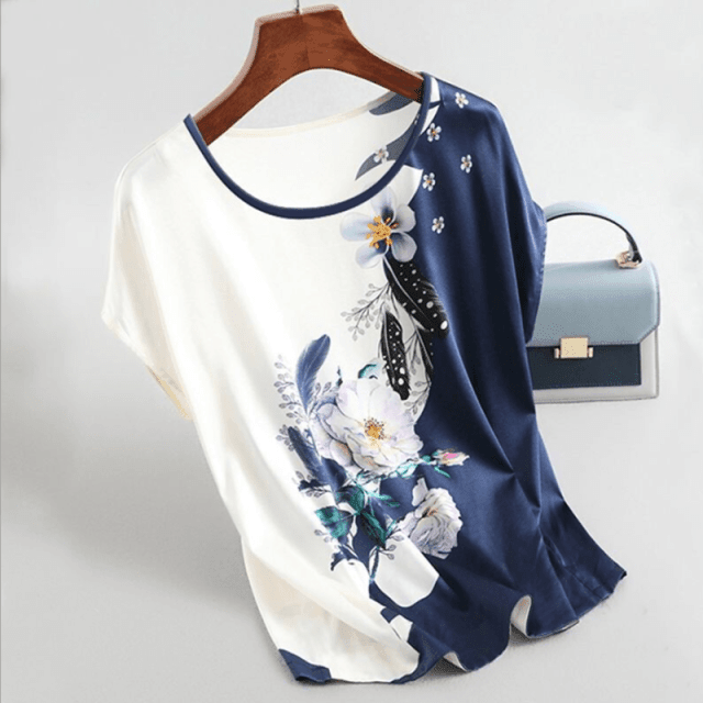 ezy2find 3 / XXXL Fashion Floral Print Blouse Pullover Ladies Silk Satin Blouses Plus Size Batwing Sleeve Vintage Print Casual Short Sleeve Tops