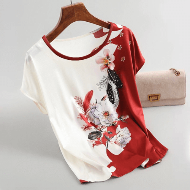 ezy2find 4 / XXXL Fashion Floral Print Blouse Pullover Ladies Silk Satin Blouses Plus Size Batwing Sleeve Vintage Print Casual Short Sleeve Tops