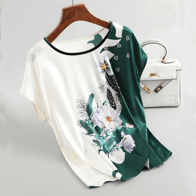 ezy2find 5 / XL Fashion Floral Print Blouse Pullover Ladies Silk Satin Blouses Plus Size Batwing Sleeve Vintage Print Casual Short Sleeve Tops