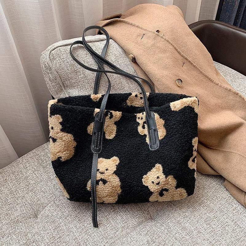 ezy2find Bag Black Women Cute Bear Plush Shoulder Bag Large Tote Handbag Purse