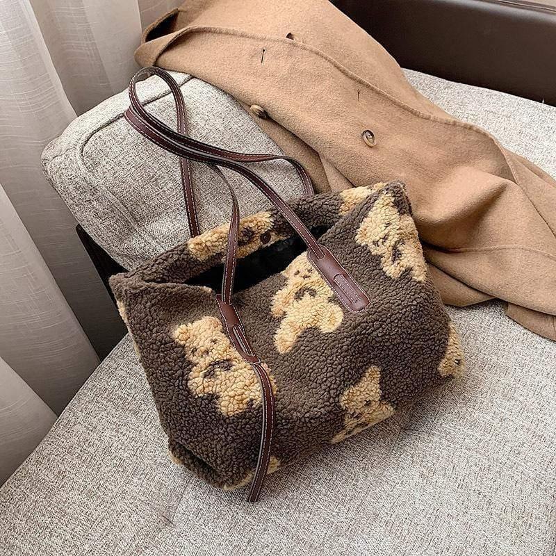 ezy2find Bag Coffee Women Cute Bear Plush Shoulder Bag Large Tote Handbag Purse