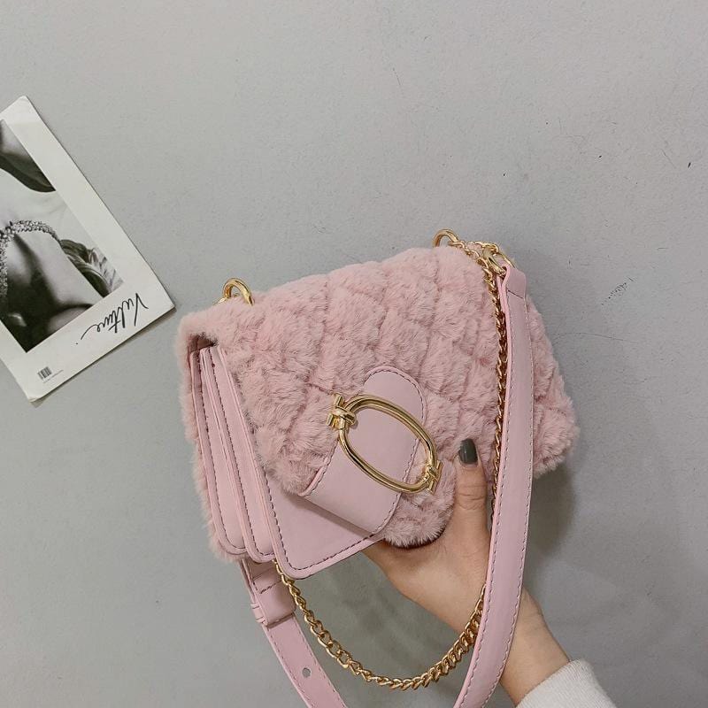 ezy2find Bag Pink Soft Plush Ladies Square Messenger Bag Winter Female Bag Lady Designer Handbag Chain Shoulder Messenger Bag