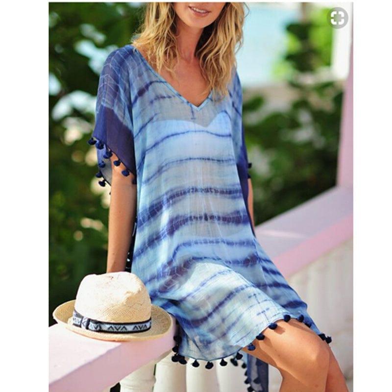 ezy2find beach blouse Blue Chiffon Smudged Beach Blouse, Loose Plus Size Holiday Beach Skirt, Purple Ball Sun Protection Shirt