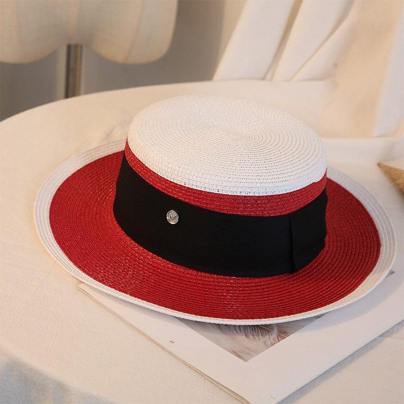 ezy2find beach hat Red / M  56 58cm Summer Elegant Retro Women Flat Top Straw Hat Trip Caps Leisure Beach Sun Hats M Letter Breathable Flower Beach Hat