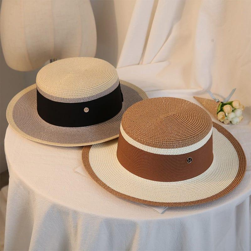 ezy2find beach hat Summer Elegant Retro Women Flat Top Straw Hat Trip Caps Leisure Beach Sun Hats M Letter Breathable Flower Beach Hat