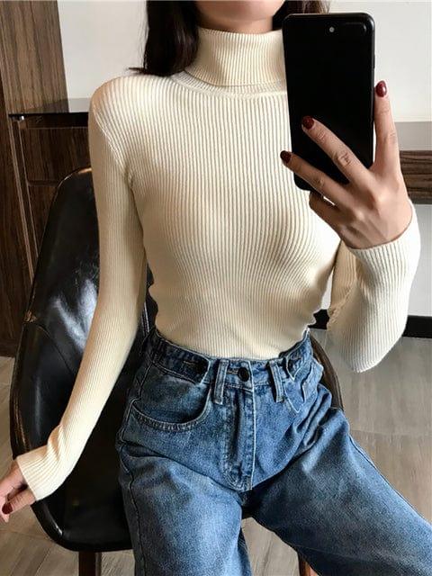 ezy2find Beige / One Size 2022 Autumn Winter Thick Sweater Women Knitted Ribbed Pullover Sweater Long Sleeve Turtleneck Slim Jumper Soft Warm Pull Femme