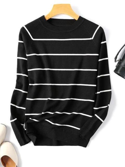 ezy2find Big Black / M 2022 Autumn Winter Long Sleeve Striped Pullover Women Sweater Knitted Sweaters O-Neck Tops Korean Pull Femme Jumper Female White