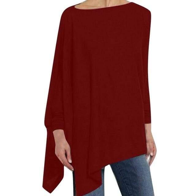 ezy2find blouse Wine Red / XXL Women Causal Long Sleeve Cotton Blouse Spring Loose Irregular Shirt Female Solid Sweatshirt Female Tops Pullover