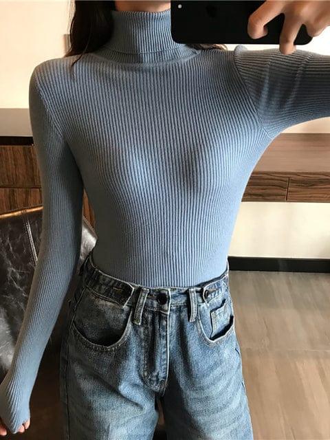 ezy2find Blue / One Size 2022 Autumn Winter Thick Sweater Women Knitted Ribbed Pullover Sweater Long Sleeve Turtleneck Slim Jumper Soft Warm Pull Femme