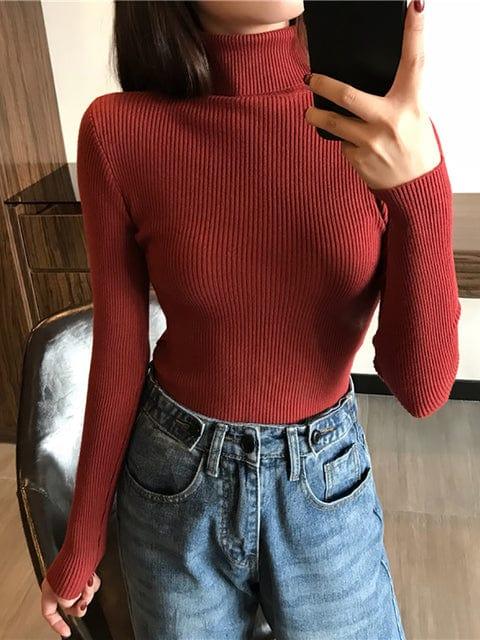 ezy2find Brick red / One Size 2022 Autumn Winter Thick Sweater Women Knitted Ribbed Pullover Sweater Long Sleeve Turtleneck Slim Jumper Soft Warm Pull Femme