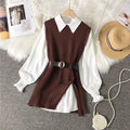 ezy2find Brown Sets / XL Long lantern sleeve shirt women knitted vest 2 two piece set 2022 spring autumn womens Shirts sets Sleeveless Sweater tops