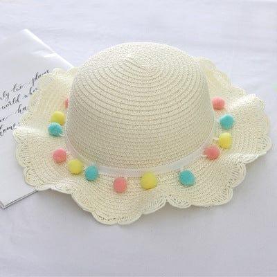 ezy2find children's beach hats White / hat Summer Children'S Bags, Hats, Female Decoration, Small Colored Balls, Sunscreen, Lace, Beach Hats, Breathable Sandals