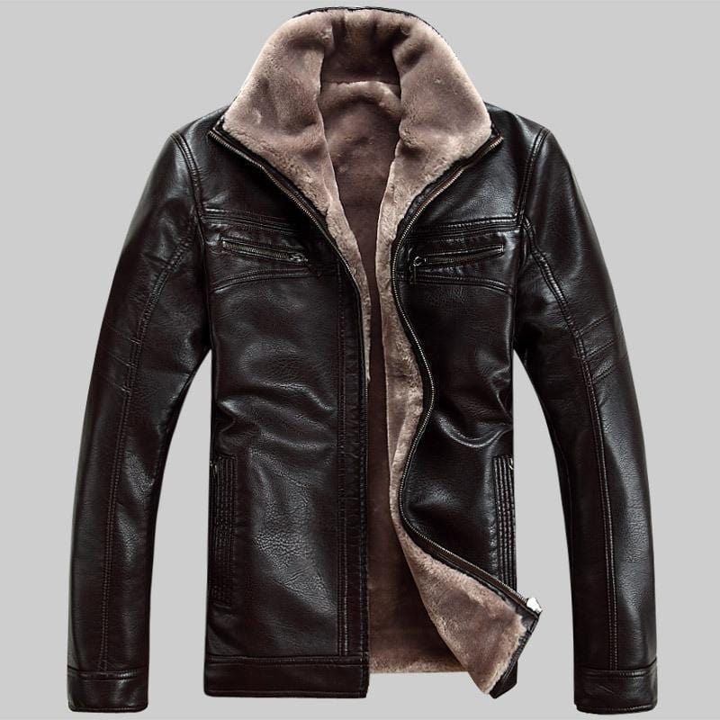 ezy2find coat brown / 5XL Men's business standing collar, fur and leather thickened synthetic leather overcoat