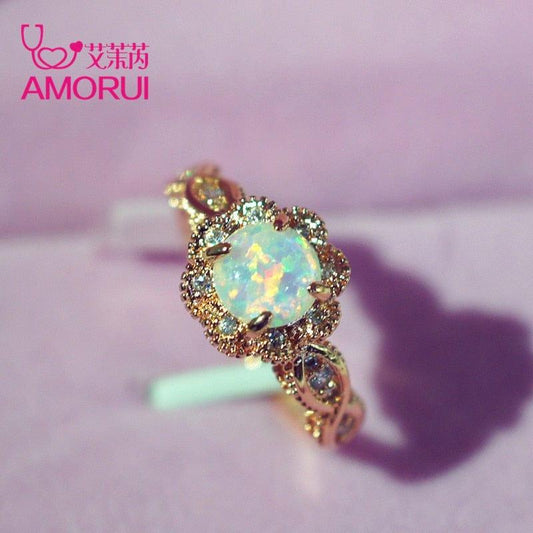 ezy2find crystal flower ring 5 / China AMORUI Vintage Australian Crystal Flower Ring Female Anniversary Gift Jewelry Fashion Golden Opal Engagement / Wedding Rings