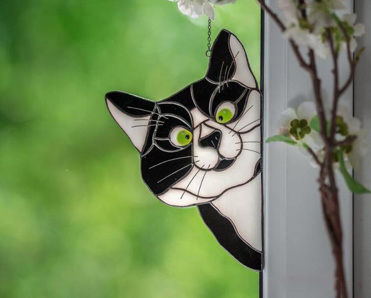 ezy2find Decoration Black Stained Glass Cat Window Hanger Decoration