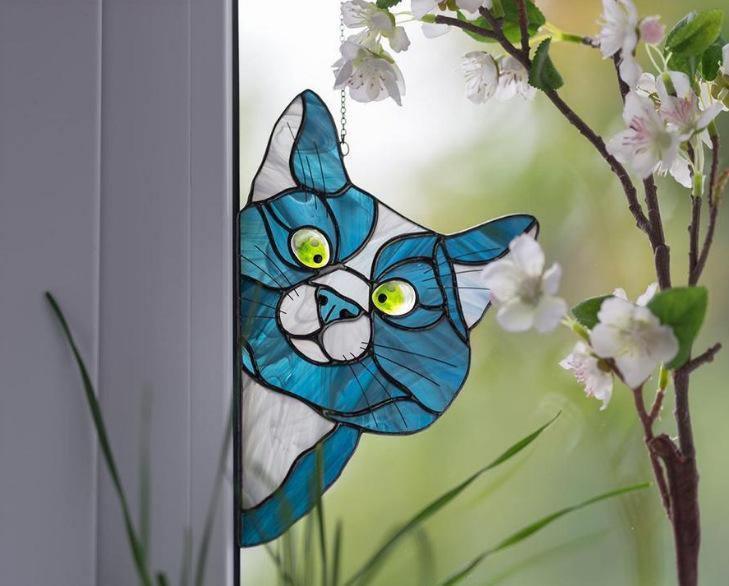 ezy2find Decoration Dark Blue Stained Glass Cat Window Hanger Decoration