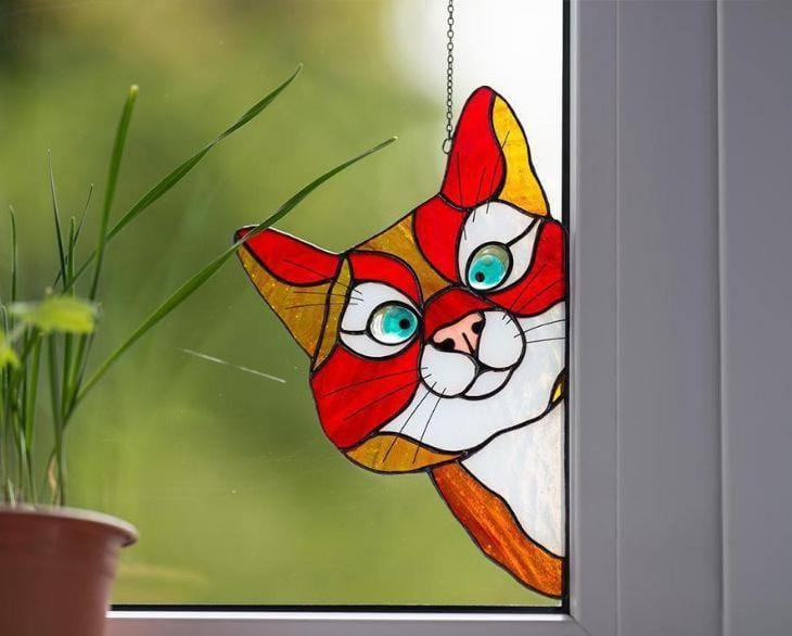 ezy2find Decoration Red Stained Glass Cat Window Hanger Decoration
