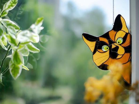 ezy2find Decoration Yellow Stained Glass Cat Window Hanger Decoration
