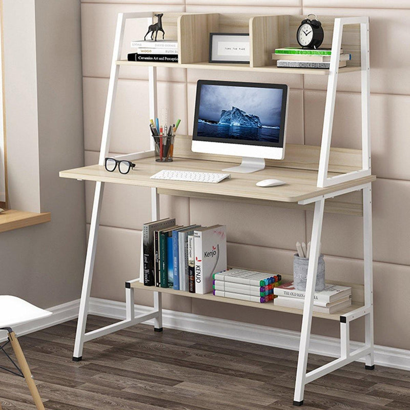 ezy2find desk White Modern Computer Laptop Desk Computer Table Office Table with Storage Shelves Space Saving Bookshelf Decorations Display Stand