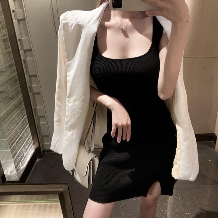 ezy2find dress Black / One size Round Neck Versatile Bottom Skirt Side Split Short Dress