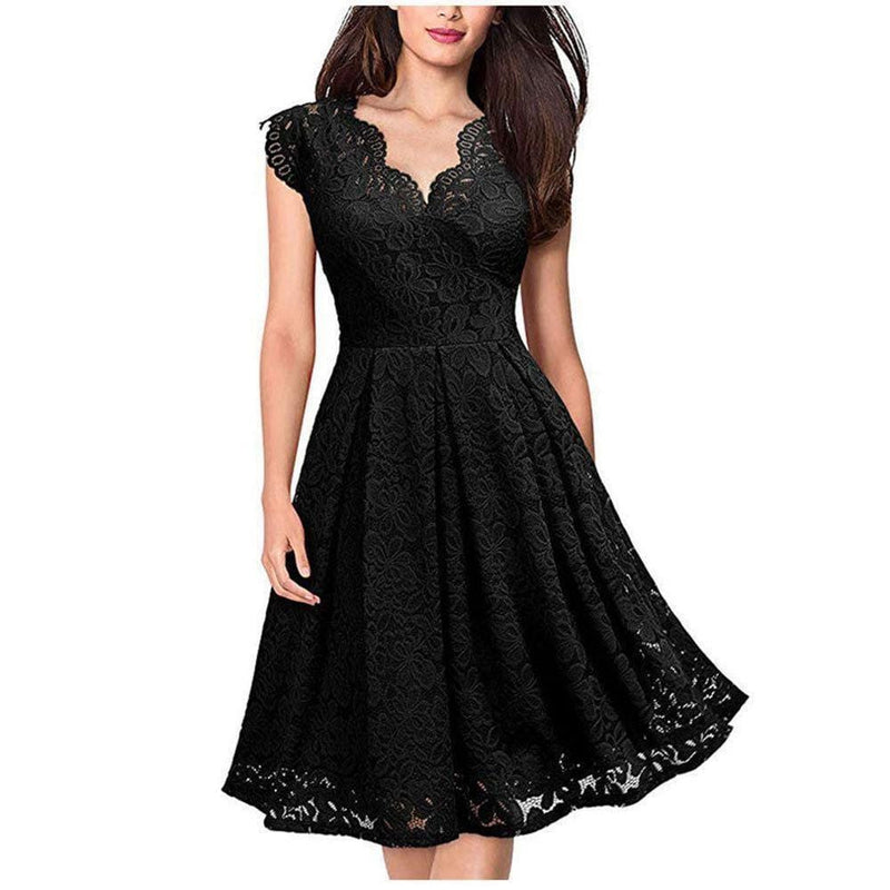ezy2find dress Black / S Pure Color Pleated Big Swing Dress Women European And American Women'S Lace Slimming Sleeveless Dress
