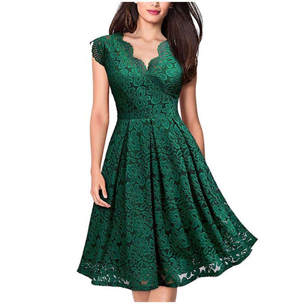 ezy2find dress Green / S Pure Color Pleated Big Swing Dress Women European And American Women'S Lace Slimming Sleeveless Dress